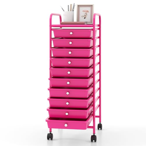 GOFLAME 10-Drawer Rolling Storage Drawer Cart, Utility Cart with Removable Drawers & Metal Frame, Mobile Art Craft Drawer Cart with Lockable Wheels for Home, Office, Studio, School, Hot Pink - color: Hot Pink, size: 10-Drawer without Wood Top