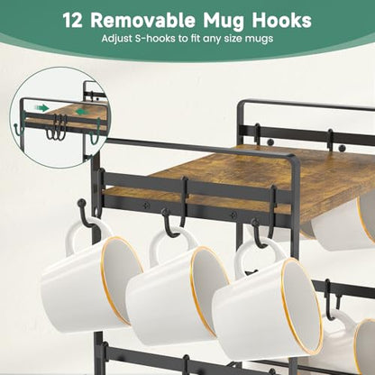 EsLuker.ly Coffee Mug Cup Holder Tree Bar Station Organizer, 2 Tier Mug Stand Rack for Countertop Kitchen, Storage Tower Display Shelf with 12 Hooks, Coffee Nook Enhancer - color: Antique Brown + Black