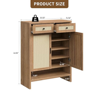 Yanosaku 46" Rattan Shoe Cabinet with 4 Adjustable Shelves & 2 Storage Drawers, Modern Boho Shoe Organizer with Large Tabletop & Open Lower Shelf, Entryway Hallway Cabinet for Shoes and Boots, Walnut