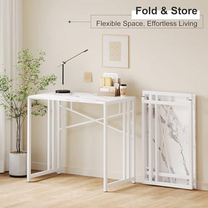 Lutown-Teen 35 inch Folding Small Desk, Writing Gaming Computer Camping Desk for Small Spaces, No Assembly Required Home Office Table, White Marble - color: White Marble, size: 35 Inch
