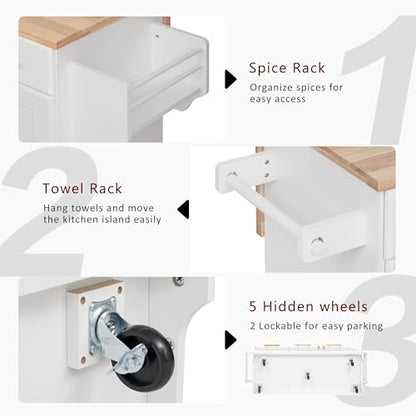 60" Kitchen Island with Trash Can Storage Cabinet and Power Outlet | Rolling Kitchen Cart on Wheels with Rubber Wood Drop Leaf Top, Spice Rack, Towel Rack and Adjustable Shelf, White - color: White