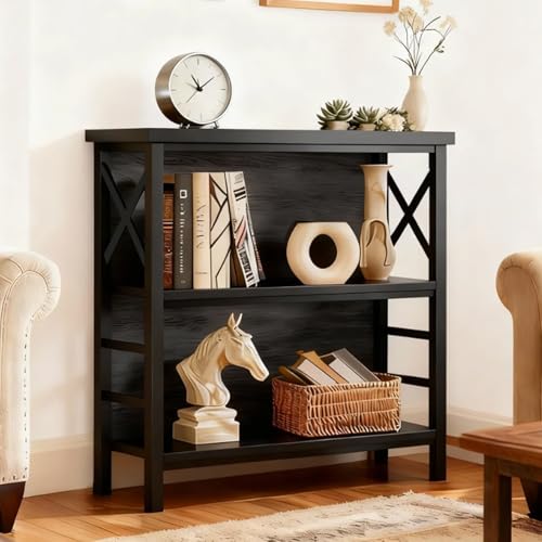 MNEETRUNG Small Bookshelf,3 Tier Industrial Bookcase with Metal Frame and Backboard,Low Black Book Shelf,Book case for Small Spaces,Living Room,Bedroom and Home Office - color: Black, size: 3-Tier (29.5"W x 11.8"D x 29.2"H)