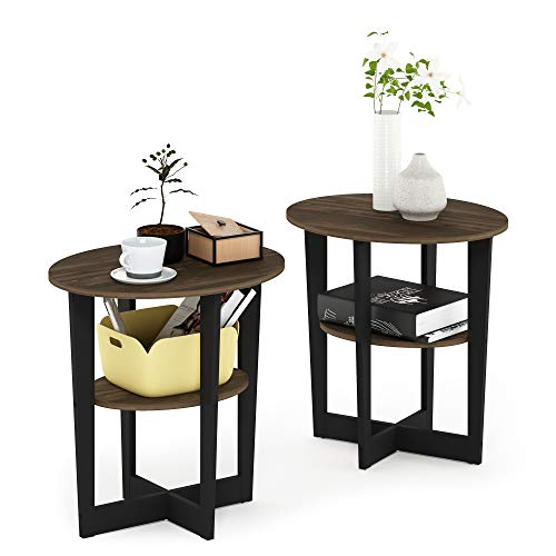 Furinno JAYA Side Table Set of 2, 2-Tier Round Modern End Table with Oval Tabletop, Night Stand, Bedside Table with Open Shelf, for Living Room, Bedroom, Columbia Walnut - color: Columbia Walnut/Black, size: 2-Pack, 2 Tiers, Oval Panel