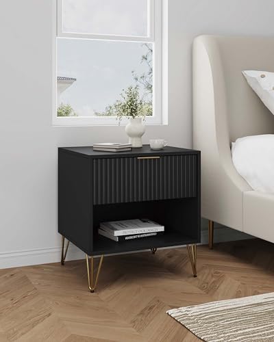 JOSHEN Sturdy Metal Legs Nightstand, Bedside Stand with Textured Drawer, Accent Table for Bedroom for Indoor use, Black - color: Black