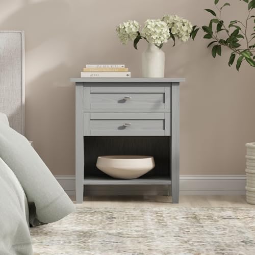 SIMPLIHOME Warm Shaker Bedside Table - 24 inch Wide Solid Wood Nightstand in Fog Grey, Transitional Bedroom Side or End Table with 2 Drawers, Open Shelf Storage and Brushed Nickel Hardware - color: Fog Grey