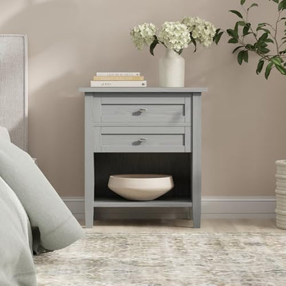 SIMPLIHOME Warm Shaker Bedside Table - 24 inch Wide Solid Wood Nightstand in Fog Grey, Transitional Bedroom Side or End Table with 2 Drawers, Open Shelf Storage and Brushed Nickel Hardware - color: Fog Grey