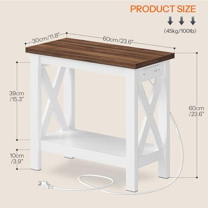 HOOBRO End Table with Charging Station, Farmhouse Narrow Side Table, 2-Tier with Storage Shelves, Slim Nightstand for Small Spaces, Living Room, Bedroom, White and Walnut WH360UBZ01