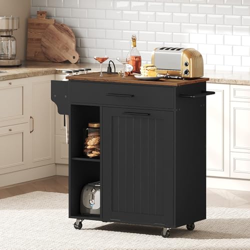 HOOBRO Kitchen Island with Trash Can Storage, Rolling Kitchen Island on Wheels, Mobile Island Cart with Power Outlet, Islands Table for 10 Gallon Garbage Bin, Rustic Brown and Black BF80UZD01G1 - color: Rustic Brown + Black
