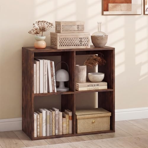 4 Cube Storage Organizer, Small Bookshelf for Small Space, 2-Tier Bookcase with Open Back, Wooden Display Shelf for Bedroom, Living Room - color: Rustic Brown, size: 4-Cube
