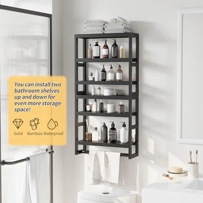 Bathroom Shelves with Hanging Bar Over Toilet Storage - Adjustable Wall Organizer (Black) - color: Black