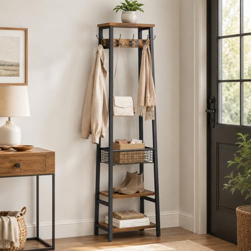 Coat Rack Freestanding, Coat Stand with Metal Basket and Storage Shelves, Hall Tree Free Standing with and 7 Hooks, Clothes Rack Stand Organizer, Rustic Brown and Black - color: Rustic Brown and Black, style: 2 Shelves + 1 Basket