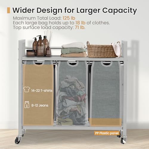 SwaaVee Laundry Sorter, Laundry Hamper 3 Section, 3×11.4Gal, Metal Frame Rolling Laundry Basket with Wooden Top Shelf, Pull out and Removable Laundry Bags, 3 Bags-Gray - color: Grey