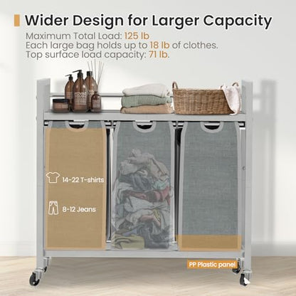 SwaaVee Laundry Sorter, Laundry Hamper 3 Section, 3×11.4Gal, Metal Frame Rolling Laundry Basket with Wooden Top Shelf, Pull out and Removable Laundry Bags, 3 Bags-Gray - color: Grey