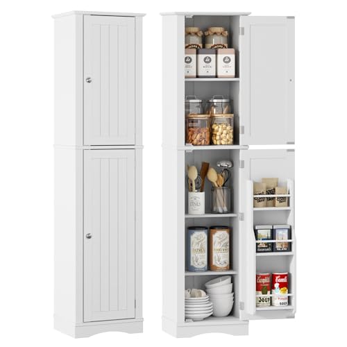 Function Home Tall Bathroom Storage Cabinet, 64" Slim Kitchen Pantry with Door Storage, Narrow Wood Freestanding Cabinets with Adjustable Shelves for Kitchen Living Room Dining Room, White - color: White, size: 15.8"Wx11.81"Dx64"H
