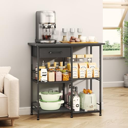 SWTYMIKI Bakers Rack with Storage - Coffee Bar Cabinet Organizer, Coffee Station for Kitchen Dining Room, Microwave Stand with Adjustable Feet, Black - color: Black, size: Coffee Station with Large Panel