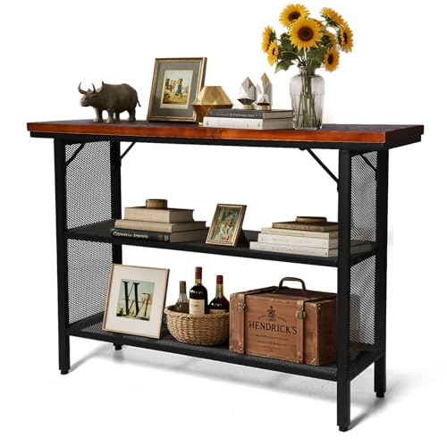 LOKKHAN 47.2 Inch Industrial Console Table with Storage Shelves – Solid Wood Top for Sturdiness, Black Metal Frame with Mesh Design for Airy Look | Perfect for Entryway, Living Room, Hallway