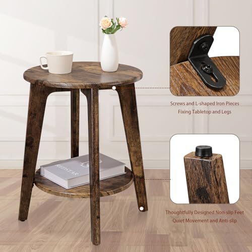 Small Round Side Table Wooden End Table with Lower Shelf Modern Nightstand Bedside Table for Small Spaces, Living Room, Bedroom Retro Brown - color: Brown