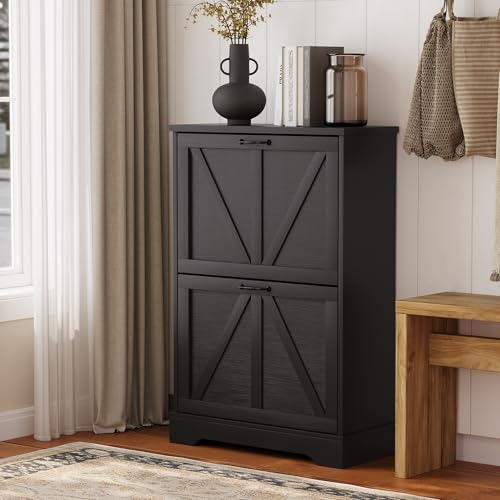 Semiocthome Farmhouse Shoe Storage Cabinet with 2 Flip Drawers, 23.6"(W) Freestanding Shoe Organizer with Barn Door and Metal Handles for Entryway, Corner Rustic Narrow Shoe Rack Cabinet - Black - color: Black, size: 23.6"W