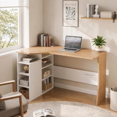 IDEALHOUSE L Shaped Desk for Small Spaces, Reversible Corner Desk with Storage Cabinet and 6 Adjustable Shelves, Wood Computer Desk for Home Office, Study, Writing, Gaming, Bedroom, Oak - color: Oak