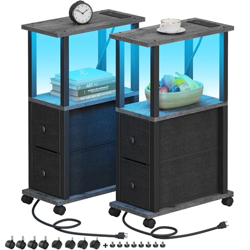 TUTOTAK Small Narrow End Tables, LED Side Tables with 2 Fabric Drawers, Set of 2, Bedside Tables with Charging Station for Small Spaces, Slim Nightstands with USB Ports and Wheels, TB01BY053L - color: Charcoal Grey, style: with LED Light & Outlets