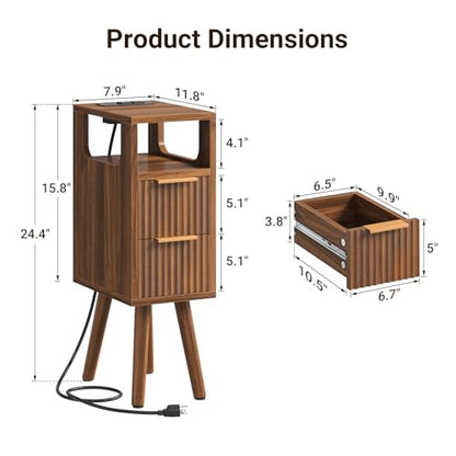 ELYKEN 7.9" Small Narrow Side Table with Charging Station, 24.4" H Skinny Fluted Nightstand with 2 Drawers, Solid Wood Feet, Open Storage, Slim End Table for Small Spaces, Bedroom, Walnut - color: Walnut-1 Pcs
