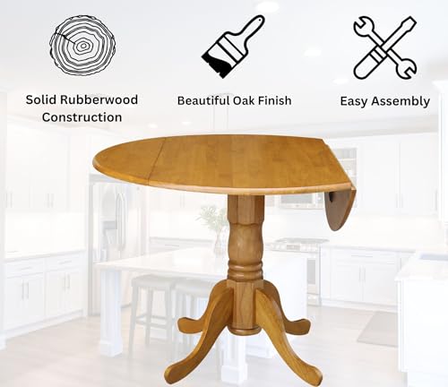 IC International Concepts, 42" Round Dual Drop Leaf Pedestal Dining Table, Solid Real Wood, Sturdy Parawood, Dimensions 42"D x 42"W x 29.5"H, 20mm thickness, 40lbs Weight Capacity, Oak - color: Oak