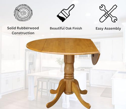IC International Concepts, 42" Round Dual Drop Leaf Pedestal Dining Table, Solid Real Wood, Sturdy Parawood, Dimensions 42"D x 42"W x 29.5"H, 20mm thickness, 40lbs Weight Capacity, Oak - color: Oak