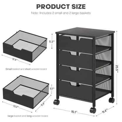 Rolling Cart with Drawers, Wooden Top and Front, with Wheels Metal Under Desk Storage Cart with 4 Drawers, for Office, Bedroom, Classroom, Home, Black - color: Black