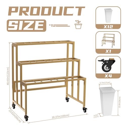 Flower Display Stand with 12 Buckets, 3 Layers Flower Bar, Gold Metal Plant Stand with Wheels, Heavy Duty Flower Cart for Indoor Outdoor Patio Garden Wedding Florist, Gold Metal Frame