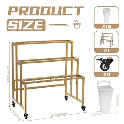 Flower Display Stand with 12 Buckets, 3 Layers Flower Bar, Gold Metal Plant Stand with Wheels, Heavy Duty Flower Cart for Indoor Outdoor Patio Garden Wedding Florist, Gold Metal Frame