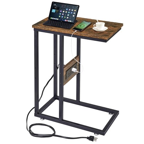 VECELO C-Shaped End Side Table with Charging Station & 2 USB Ports and Outlets for Living Room, Bedroom, with Adjustable Feet for Couch Sofa, Bedside, Small Spaces， Brown - color: Brown, size: 1