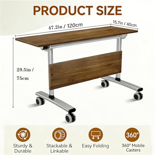 Folding Conference Table with Wheels, 47" Mobile Training Table, Flip Top Seminar Table for Office Classroom Meeting Room, Heavy Duty 440lbs Capacity, Space Saving Nesting Desk,2 Pack,47IN - size: 47IN