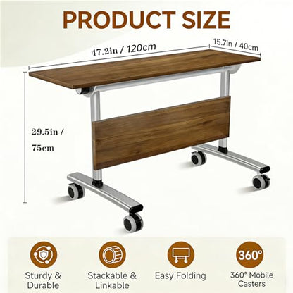 Folding Conference Table with Wheels, 47" Mobile Training Table, Flip Top Seminar Table for Office Classroom Meeting Room, Heavy Duty 440lbs Capacity, Space Saving Nesting Desk,2 Pack,47IN - size: 47IN