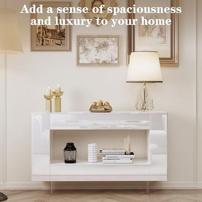 47" High Gloss Console Table with Hidden Side Storage Cabinets, White Modern Entryway Sofa Table for Behind The Couch, Living Room - color: High Gloss-white