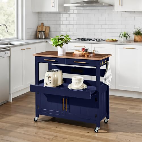 Best Choice Products 36in Large Rolling Kitchen Island Cart, 2-Door Cabinet, 2 Drawers, Pull-Out Shelf, Power Outlet, Hooks, & Swivel Lockable Wheels - Midnight Blue - style: Midnight Blue