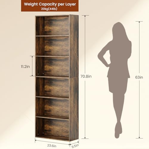 GRUSIGN 71" Tall 6-Tier Bookshelf, Large Open Display Bookcase with Ample Storage, Floor Standing Book Shelf for Living Room, Home Office, Bed Room, Brown - color: Brown