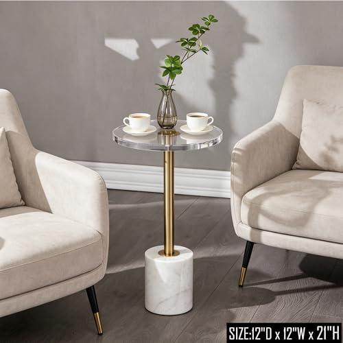 Small Clear Acrylic End Table, Marble Base Gold Leg Modern Nightstand | Acrylic Side Table with Marble Base & Gold Support Post, Accent Furniture for Drinks Snacks, Bedroom Living Room Office - color: Whtie