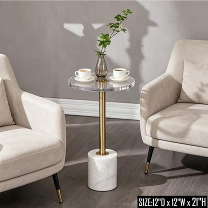 Small Clear Acrylic End Table, Marble Base Gold Leg Modern Nightstand | Acrylic Side Table with Marble Base & Gold Support Post, Accent Furniture for Drinks Snacks, Bedroom Living Room Office - color: Whtie