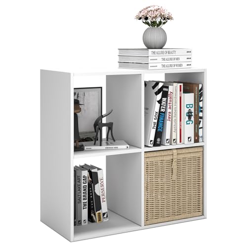 4 Cube Shelf with Anti-Tipping Kits + Reversible Open Back Bookcase, Multi Layer and Multi Grid Partition Layout (White 11in) - color: White, size: 4 Cube 11in