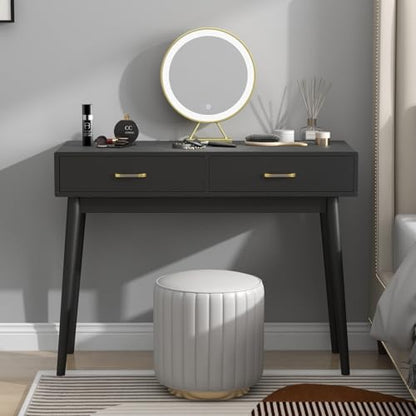 FUNKOCO Black Small Writing Desk with Drawers, 40 Inch Writing Desk for Home Office, Vanity Desk with Solid Wood Leg for Small Spaces
