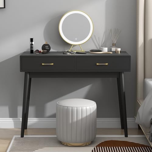 FUNKOCO Black Small Writing Desk with Drawers, 40 Inch Writing Desk for Home Office, Vanity Desk with Solid Wood Leg for Small Spaces