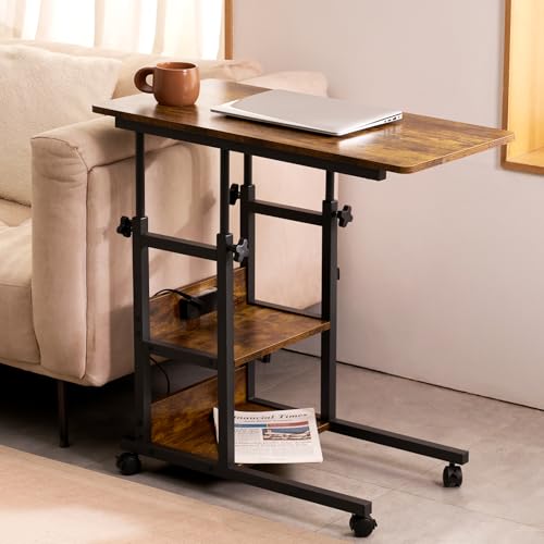 Mobile C Shaped End Table with Charging Station for Couch Bed | Height Adjust 25.2-31.8", 2 AC/3 USB, 4 Rolling Lockable Wheels, 2-tier Shelves, Slide Under Sofa, Safe Corner - color: Rustic Brown