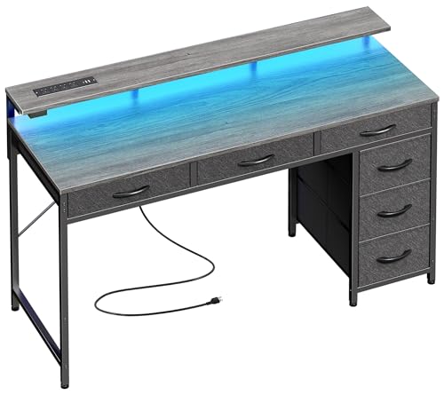 Huuger Gaming Desk with 6 Drawers, Computer Desk with LED Lights Power Outlets and Type-C, 47 Inch Office Desk with Storage, Monitor Stand, Writing Work Desk Home Office, Bedroom, Study, Grey - color: Grey, size: 47 inch