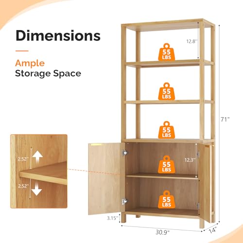 VINGLI Bookcase with Fluted Doors, 71" Wood Storage Cabinet with Adjustable Shelves, 6-Tier Display Cabinet Bookshelf for Study, Living Room, Home Office, Kitchen Pantry, Oak - color: Nature Oak