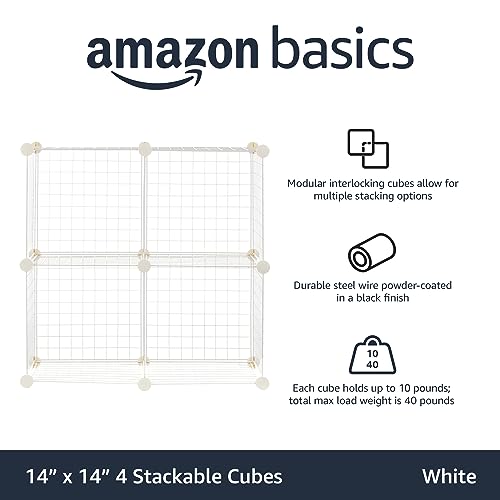Amazon Basics 4 Cube Wire Grid Storage Organizer, Closet Organizer and Shelves, Stackable, Space-Saving, Easy to Assemble, 14"x14"x14", White - color: White