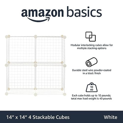 Amazon Basics 4 Cube Wire Grid Storage Organizer, Closet Organizer and Shelves, Stackable, Space-Saving, Easy to Assemble, 14"x14"x14", White - color: White