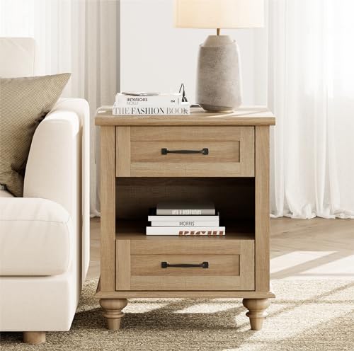 WAMPAT Farmhouse End Table Nightstand with Charging Station, Small Side Table with 2 Drawers for Living Room, Light Wood Night Stand Bedside Table for Bedroom, Oak - color: Oak
