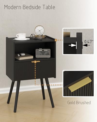 JOONEE Black Nightstand,Modern Bedside Table with Storage Drawer and Open Wood Shelf, for Living Room, Bedroom and Small Spaces, Accent Night Stand with Solid Wood Legs, Easy Assembly,Classic Black - color: Black