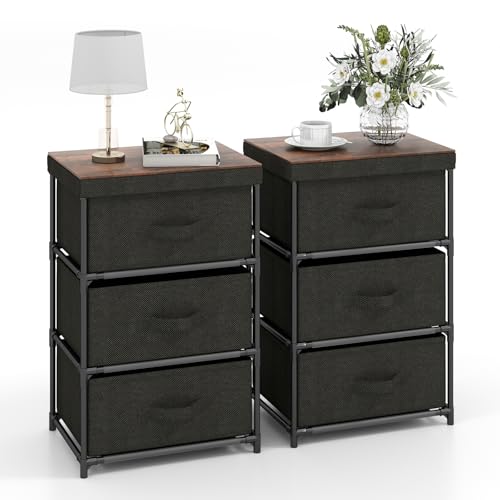 3-Drawer Bedside Table, 24.5" Nightstand with Metal Frame, Wood Top for Closet, Removable Fabric Bins & Handles, Small Dresser with Storage for Bedroom, Living Room & Entryway (2 Piece)