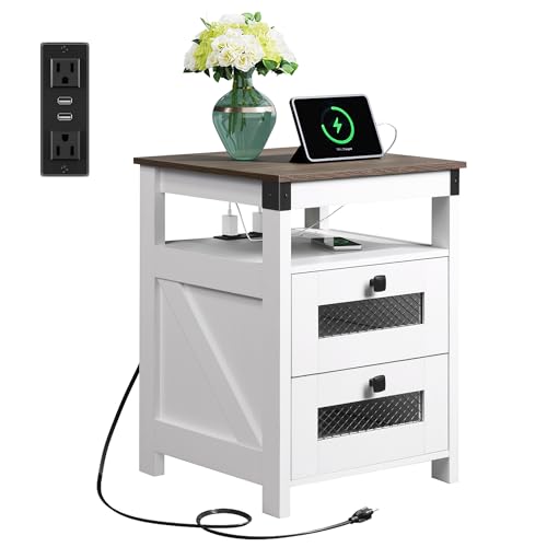 WLIVE Nightstand with Charging Station, Farmhouse End Table, Bed Side Table with 2 Storage Drawers and Open Shelf, Wood Rustic Nightstands for Bedroom, White - color: White, style: Farmhouse